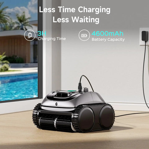 Cordless Robotic Pool Cleaner charging with smart navigation, 3-hour charge time, 4600mAh battery next to poolside door