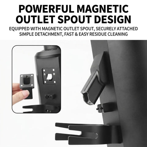 Professional 80mm Flat Burr Coffee Grinder With Heavy Duty Stainless Steel Plates, showing magnetic outlet spout design for easy cleaning.