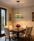 ARTZONE Antique Tiffany Pendant Light Fixture Stained Glass Hanging Lamp over a dining table, 16" wide, colorful stained glass.