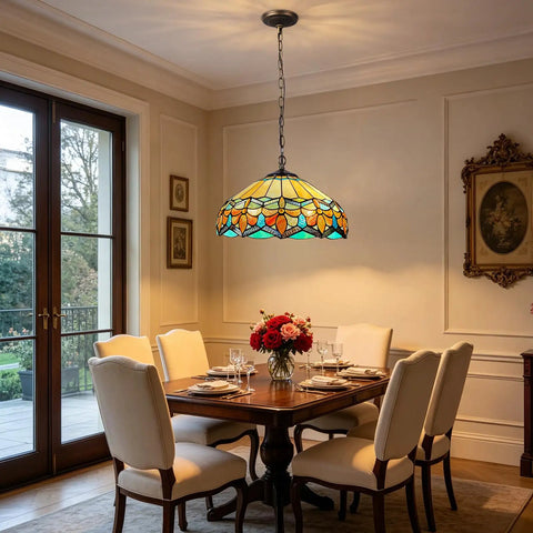 ARTZONE Antique Tiffany Pendant Light Fixture Stained Glass Hanging Lamp over a dining table, 16" wide, colorful stained glass.