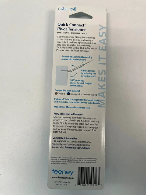 CableRail Dope One Eighth Inch Quick Connect Pivot Swivel Turnbuckle packaging for wood posts showing installation instructions.