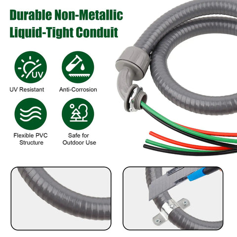 4 Foot Liquid Tight Conduit Kit With 1/2 Inch Pre-Wired Electrical Whip Three 10 AWG THHN Copper Wires Bare Wire Ends
