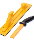 Five Piece Jointer Safety Kit With Push Blocks And Push Sticks For Woodworking, angled and offset push blocks in yellow.