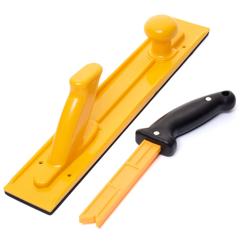 Five Piece Jointer Safety Kit With Push Blocks And Push Sticks For Woodworking, angled and offset push blocks in yellow.