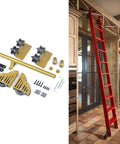 Built Like A Tank Heavy Duty Sliding Ladder Rail Kit With Smooth Carbon Steel Track For Library Loft Spaces Handles Big Loads Up To Three Hundred Thirty Pounds Plus Includes Sturdy Floor Casters with red ladder and hardware components.