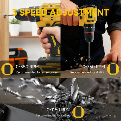 Cordless 20V Drill Kit With 2 Speed Settings, 30 Nm Torque, Three Eighths Inch Keyless Chuck in action on wood and metal surfaces