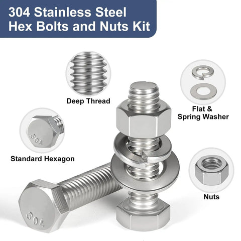 304 Stainless Steel Hex Bolts And Nuts Kit showcasing deep threaded bolts, hex nuts, flat and spring washers for heavy-duty use.