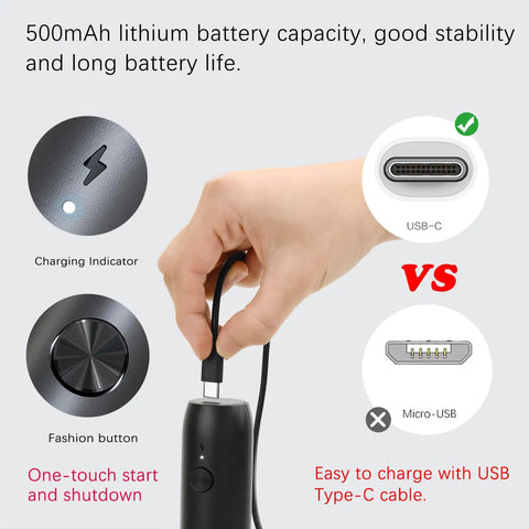 500mAh lithium battery and USB-C charging port for Badass Rechargeable Milk Frother Wand With Usb C Charging for instant velvety foam.