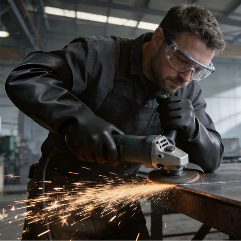 A worker using a grinder wearing Heavy Duty 22 Inch Black Latex Gloves Chemical Resistant Rubber Gauntlets for Industrial Work.