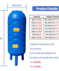 Solid Vertical Water Pressure Tank With Mounting Kit Freeze Proof Food Grade Polyethylene Well Storage Container dimensions and details chart