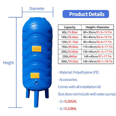 Solid Vertical Water Pressure Tank With Mounting Kit Freeze Proof Food Grade Polyethylene Well Storage Container dimensions and details chart