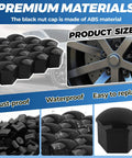 19mm Black Lug Nut Covers Set With Removal Tool 20 Pieces Hex Nut Caps shown in close-up with rust-proof and waterproof features