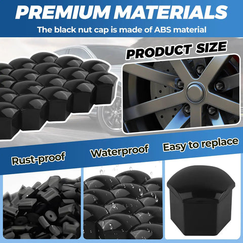 19mm Black Lug Nut Covers Set With Removal Tool 20 Pieces Hex Nut Caps shown in close-up with rust-proof and waterproof features