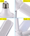 Close-up of Beast Mode Bright 5000 Lumen 6500K Deformable LED Garage Light with E27 Base showing adjustable panels and E26/E27 socket.