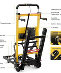 120W Powered Electric Stair Climbing Hand Truck Dolly Cart With 24V Lithium Battery, Heavy Duty Stair Climber For Moving Boxes And Gear, Long Lasting Charge Delivers 3-4 Hours Of Runtime And Up To 6,000 Steps. yellow frame stair climbing hand truck with rubber tracks, battery, control panel