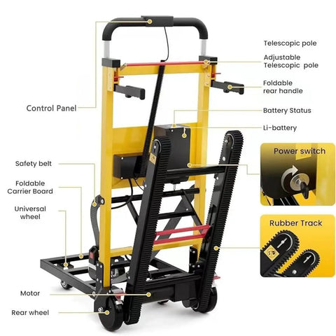 120W Powered Electric Stair Climbing Hand Truck Dolly Cart With 24V Lithium Battery, Heavy Duty Stair Climber For Moving Boxes And Gear, Long Lasting Charge Delivers 3-4 Hours Of Runtime And Up To 6,000 Steps. yellow frame stair climbing hand truck with rubber tracks, battery, control panel