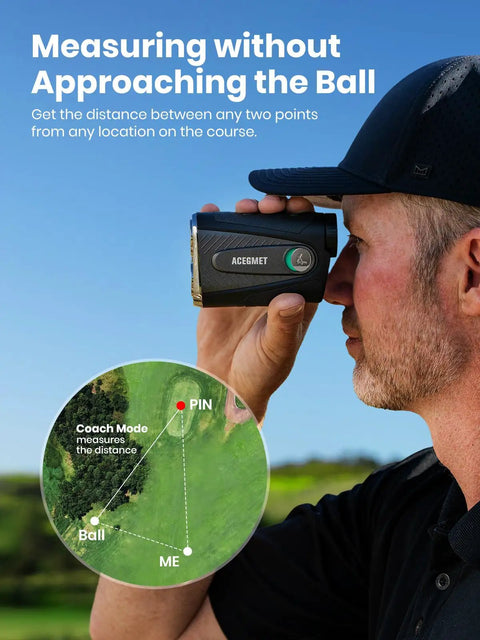 Person using a heavy duty golf rangefinder featuring auto slope compensation for precise distance measurement on the course.