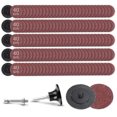 150 Piece 2 Inch R Type Quick Change Aluminum Oxide Surface Conditioning Sanding Discs Set, 40 Grit, showing sanding discs and adapters