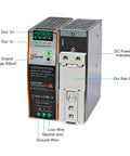Fanless 150W 48V DIN Rail Power Supply With 100 To 240V AC Input And 48V DC Output Drop In Industrial Grade Switching Power Supply Quiet Operation Overload Protection Short Circuit Protection And Over Temperature Protection showing ports and indicators