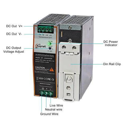 Fanless 150W 48V DIN Rail Power Supply With 100 To 240V AC Input And 48V DC Output Drop In Industrial Grade Switching Power Supply Quiet Operation Overload Protection Short Circuit Protection And Over Temperature Protection showing ports and indicators