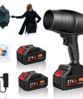 Dual 21V Cordless Leaf Blower with two batteries, charger, and woman in wind, lightweight handheld power tool for yard cleanup.