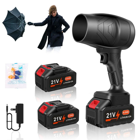 Dual 21V Cordless Leaf Blower with two batteries, charger, and woman in wind, lightweight handheld power tool for yard cleanup.