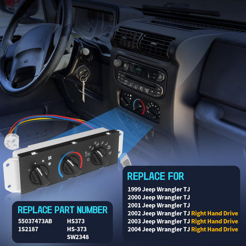 AC Heater Control Panel With Blower Motor Switch For 1999 2000 2001 2002 2003 2004 Jeep Wrangler TJ Right Hand Drive Climate Control Replacement 55037473AB BL101 HS373 displayed in vehicle interior