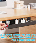 Under Desk Cable Management Tray Set Self Adhesive 2 Pack Steel Wire Organizer installed under wooden desk with cables.
