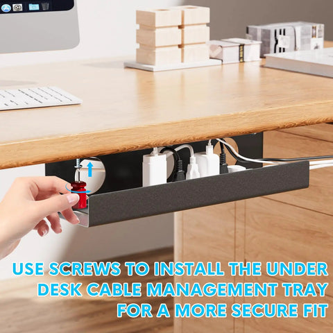Under Desk Cable Management Tray Set Self Adhesive 2 Pack Steel Wire Organizer installed under wooden desk with cables.