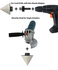 Diamond beveling chamfer bit 2 in with hex shank adapter and core drill; shown with cordless drill and angle grinder