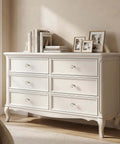 Elegant white dresser with crystal glass cabinet knobs set of 6 with screws, faceted clear crystal pulls on gold copper base.