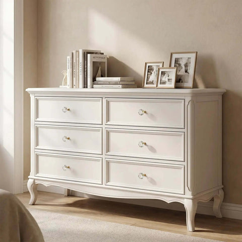 Elegant white dresser with crystal glass cabinet knobs set of 6 with screws, faceted clear crystal pulls on gold copper base.