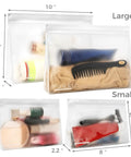 Leakproof Clear Toiletry Bags Set Of 4, TSA Approved Quart Size Zipper Bags And Large Pouches, showing size and contents.
