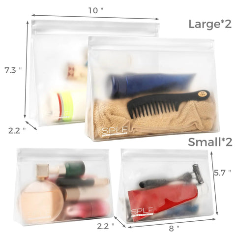 Leakproof Clear Toiletry Bags Set Of 4, TSA Approved Quart Size Zipper Bags And Large Pouches, showing size and contents.