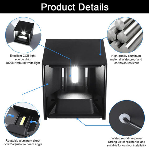 Illustration of 20W LED Sconce Up And Down Exterior Lighting showing features like aluminum body, adjustable beam, and waterproof design.