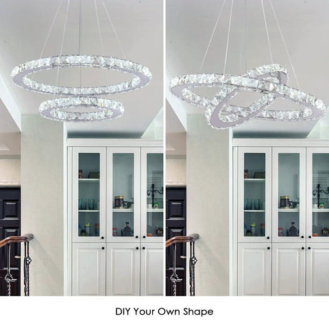 LED Modern Crystal Ring Pendant Chandelier With Two Adjustable Rings And K9 Crystals, Stainless Steel Ceiling Light Fixture, 19.7 By 11.8 Inches, Adjustable Cable Height Up To 44.3 Inches, White Finish For Dining Room And Living Room