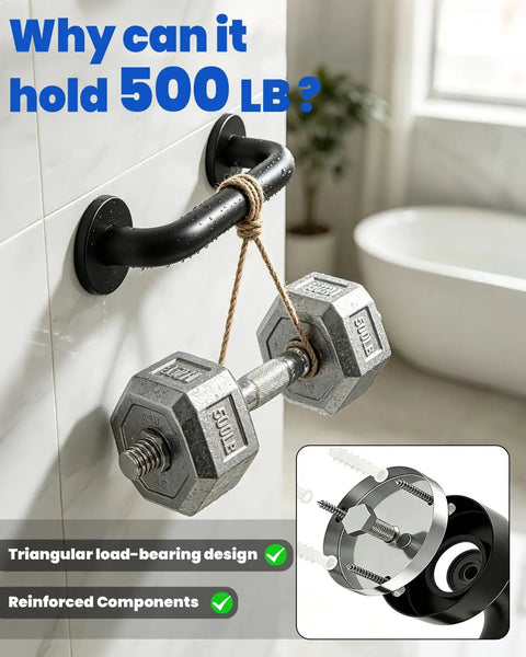 Built Like a Tank 12 Inch Black Stainless Steel Shower Grab Bars Lock In Rock Solid Grip Rustproof Bathroom Safety Handrail Thickened Screws Senior Assist Support Two Pack shown with weights demonstrating strength