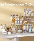 Total Game Changer Clear Three Tier Under Sink Organizer Two Pack Smooth Glide Adjustable Stackable Storage Bins With Moveable Dividers on display with skincare bottles.
