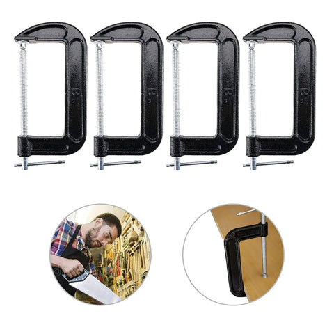 Heavy Duty 4 Pack 6 Inch C Clamp Set With 6 Inch Jaw Opening And 2 And 5 Eighths Inch Throat For Woodworking Welding And Building Projects Rust Resistant Cast Malleable Iron With Black Coated Finish visible alongside a man sawing wood and a clamp securing a board.