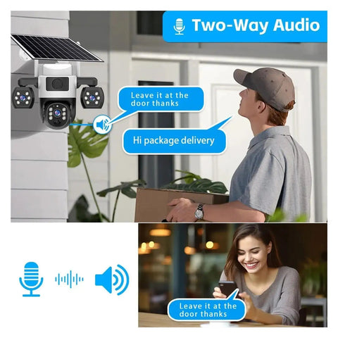 Kickass 4G Outdoor Security Camera With Triple Lens Setup And Smart Panoramic Tracking Solar Driven For Nonstop Yard Patrols No Wifi Bills Just Pop A Sim Card And Get It Done with two-way audio feature for delivery communication.
