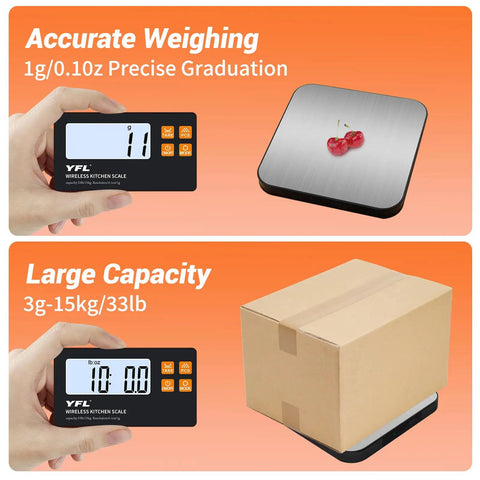 Wireless Kitchen Scale With Detachable Remote Display, 33Lb High Precision, showing cherries and a box for weighing range.