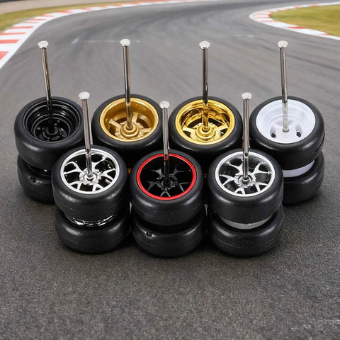 Four Pack 1/64 Scale Wheels And Tires Set With Real Riders Rims Axles Included For RC Diecast Cars And DIY Models 10 Spoke Gold