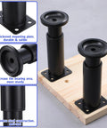 Close-up of Heavy Duty Adjustable Furniture Legs, Thick Metal Cabinet Feet, showcasing black steel construction and thick mounting plates.