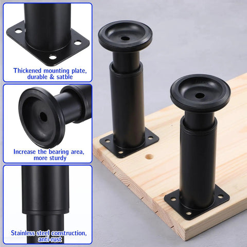 Close-up of Heavy Duty Adjustable Furniture Legs, Thick Metal Cabinet Feet, showcasing black steel construction and thick mounting plates.