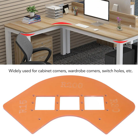 Top Shelf Router Template Kit For Dead Simple Cabinet Corner Cutting And Exact Switch Hole Marking Includes R15 R30 R100 R200 Radius Guides, orange plastic template.