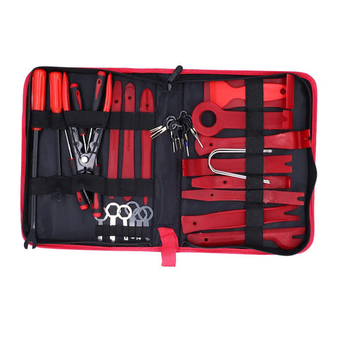 38 Piece Removal Tool Set For Panel Disassembly And Trim Clips Ergonomic Pry Tools in zippered case showing red tools for repairs