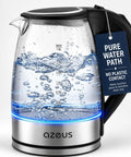 One Point Eight Liter Electric Kettle With Fast Boil And Auto Shut Off Boil Dry Protection 360 Degree Swivel Base Stainless Steel Water Boiler For Tea Coffee And Hot Water At Home showing 1.8L capacity with glass body and blue LED light