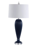 Navy Ribbed Glass Table Lamp With Crystal Base For Living Room And Bedroom, Contemporary Bedside Light With White Faux Silk Shade
