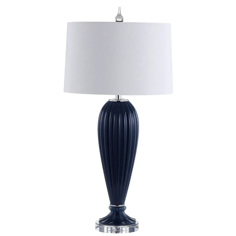 Navy Ribbed Glass Table Lamp With Crystal Base For Living Room And Bedroom, Contemporary Bedside Light With White Faux Silk Shade