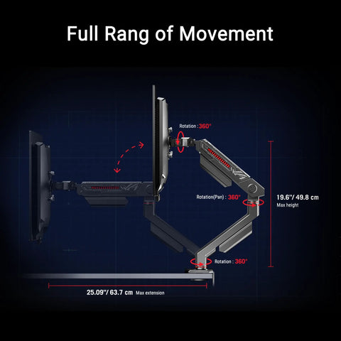 Legit Heavy Duty Monitor Arm With Sleek Cable Routing, Smooth Tilt And Swivel Flex, Takes Displays Up To 39 Inches design show full range of movement.